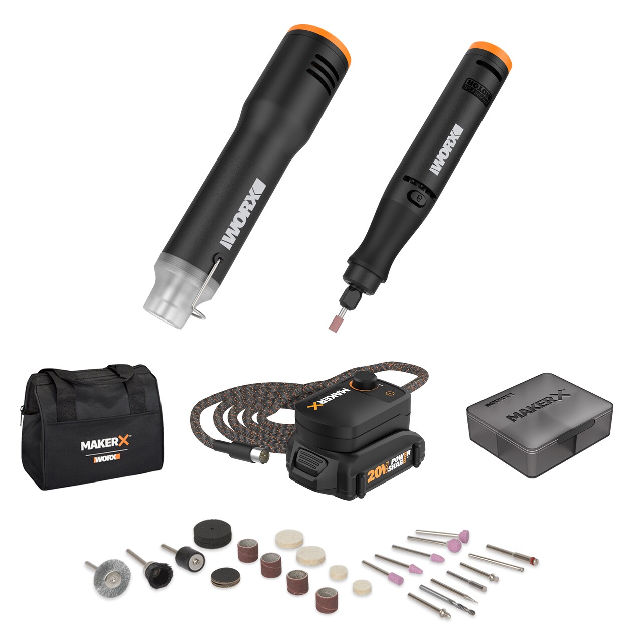 Worx MakerX WX989L 20V 2-Pc Combo Kit - Rotary Tool & Heat Gun with 42 Accessories